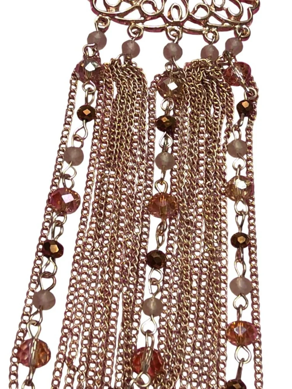 Gold Tone Long Pendant Tassel Necklace Opaque Amber Colored Beads 34